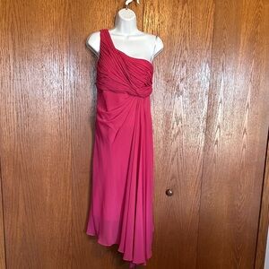 David's Bridal One-Shoulder Draped Evening Dress color: watermelon